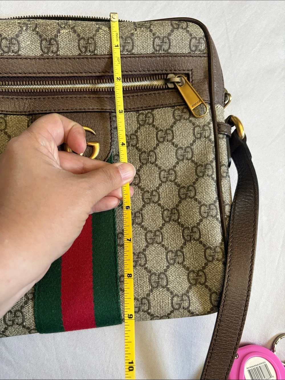 Gucci Beige GG Supreme crossbody with Green-Red Web and Brown Trim